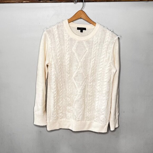 J. Crew Cable‎ Crewneck Fringe Merino Wool Cream Sweater Medium - Picture 1 of 5